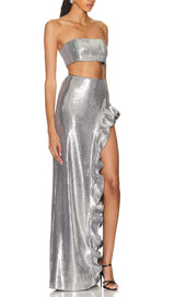 SEQUINED BANDEAU TWO-PIECE SUIT IN SLIVER-Fashionslee