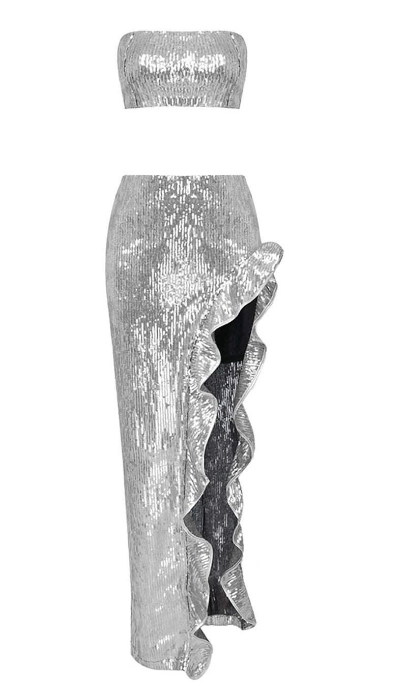 SEQUINED BANDEAU TWO-PIECE SUIT IN SLIVER-Fashionslee