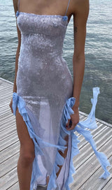 SPAGHETTI STRAP RUFFLE MAXI DRESS IN SKY BLUE-Fashionslee