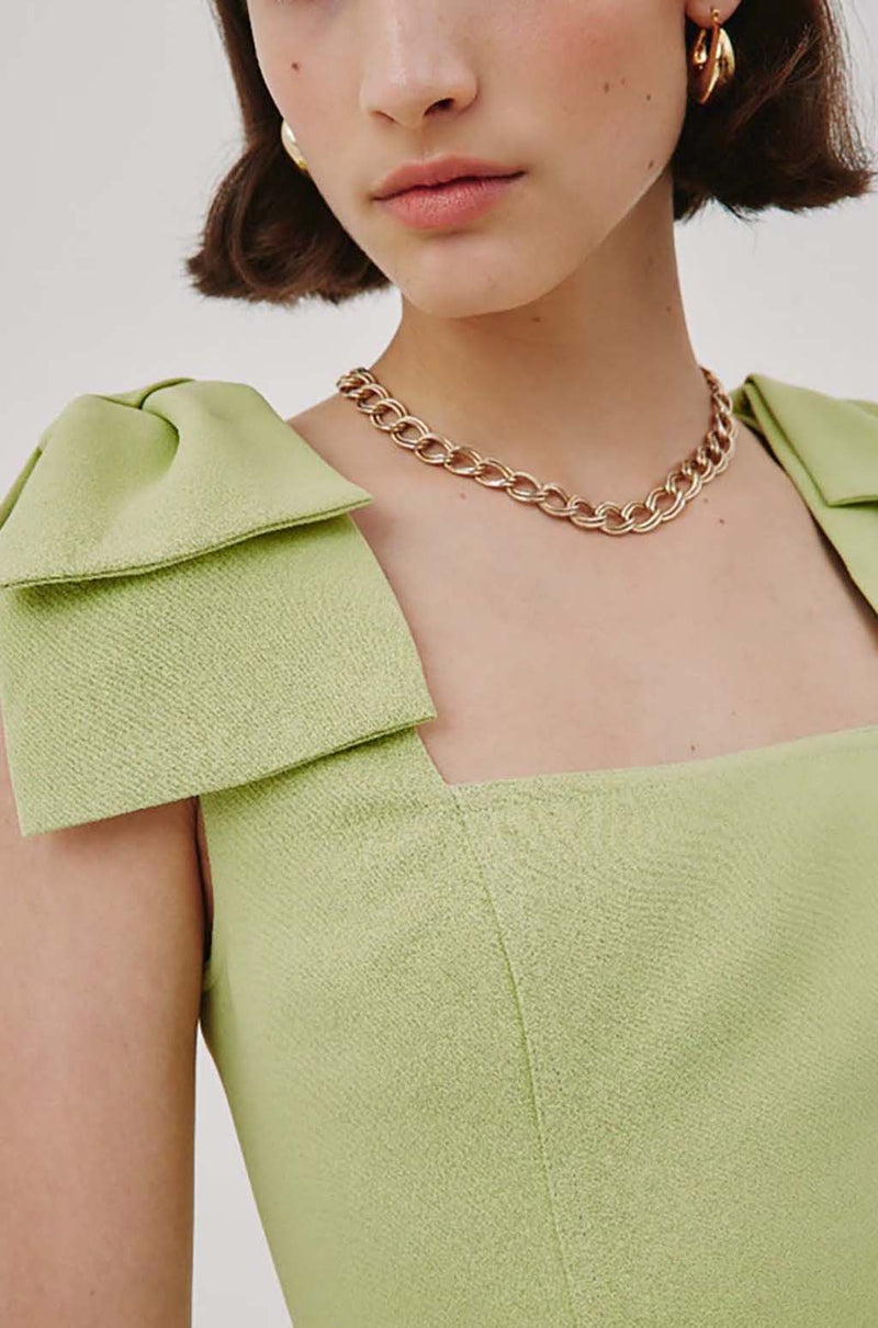 SQUARE NECK BOW DETAIL MINI DRESS IN GREEN-Fashionslee