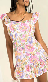 SQUARE NECK FLORAL RUFFLED MINI DRESS IN PINK-Fashionslee