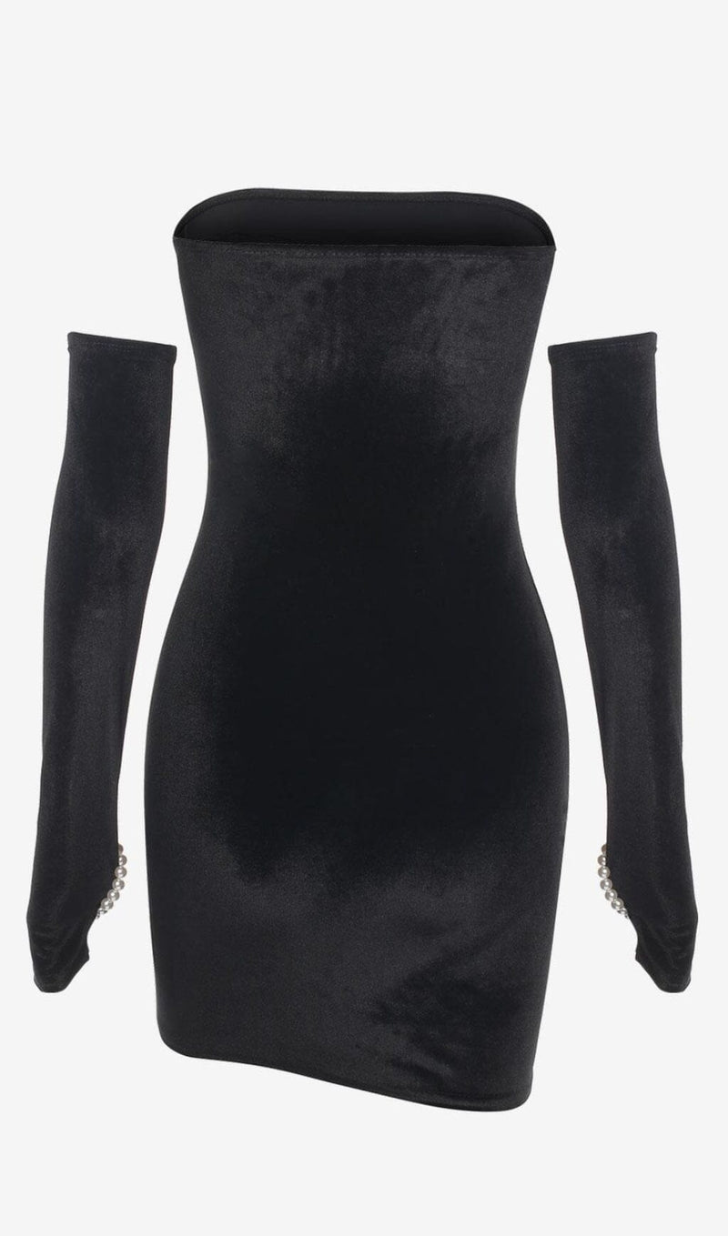 STRAPLESS BODYCON VELVET MINI DRESS IN BLACK-Fashionslee