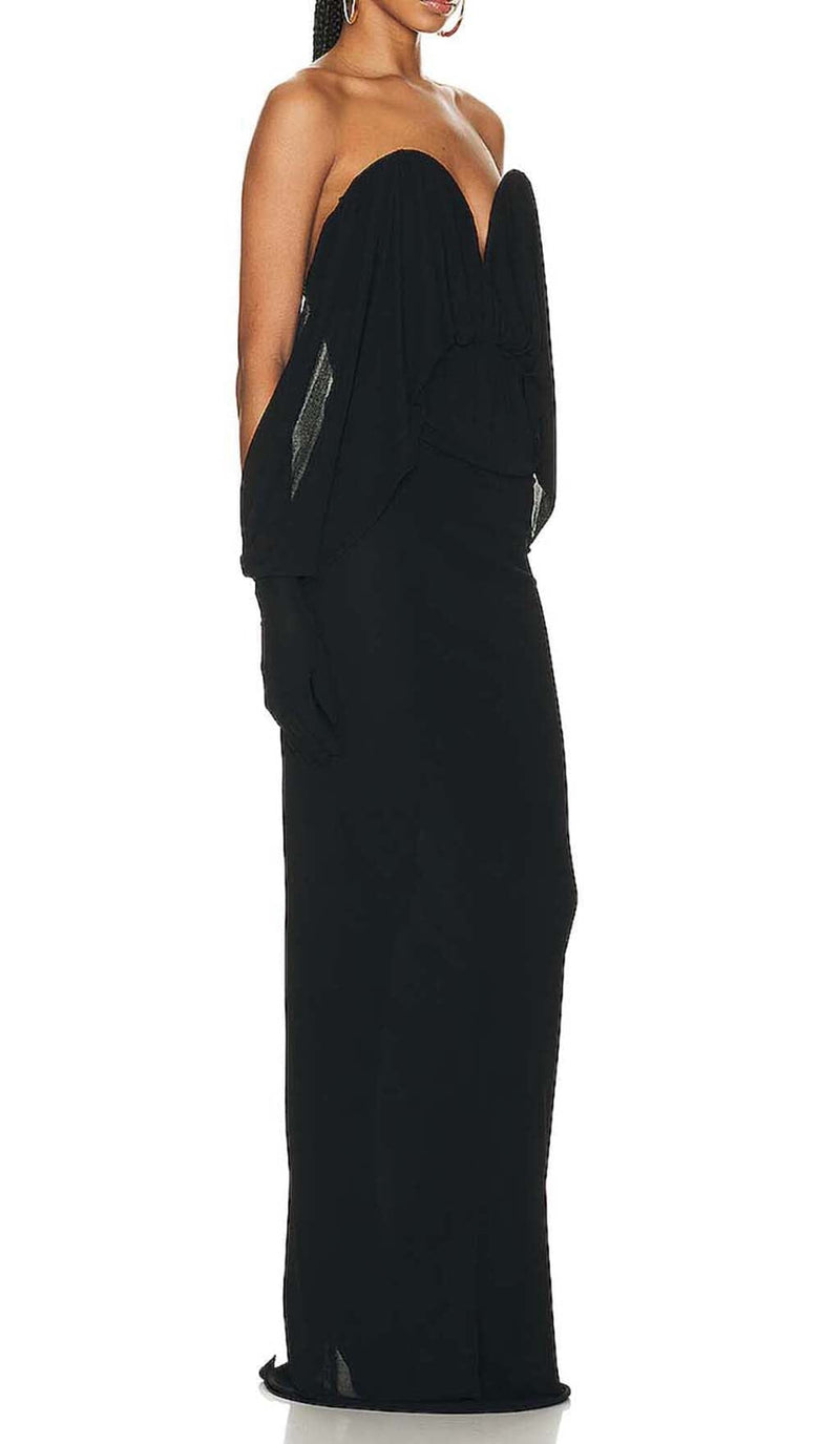 STRAPLESS DRAPED KNITTED MAXI DRESS IN NOIR-Fashionslee