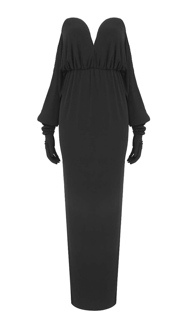 STRAPLESS DRAPED KNITTED MAXI DRESS IN NOIR-Fashionslee