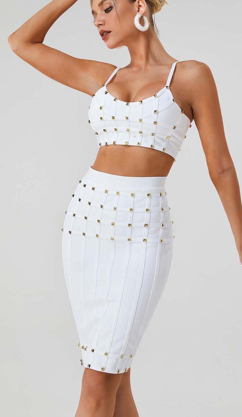 STUDDED STRAP SLEEVELESS TWO PIECE SET IN WHITE-Fashionslee