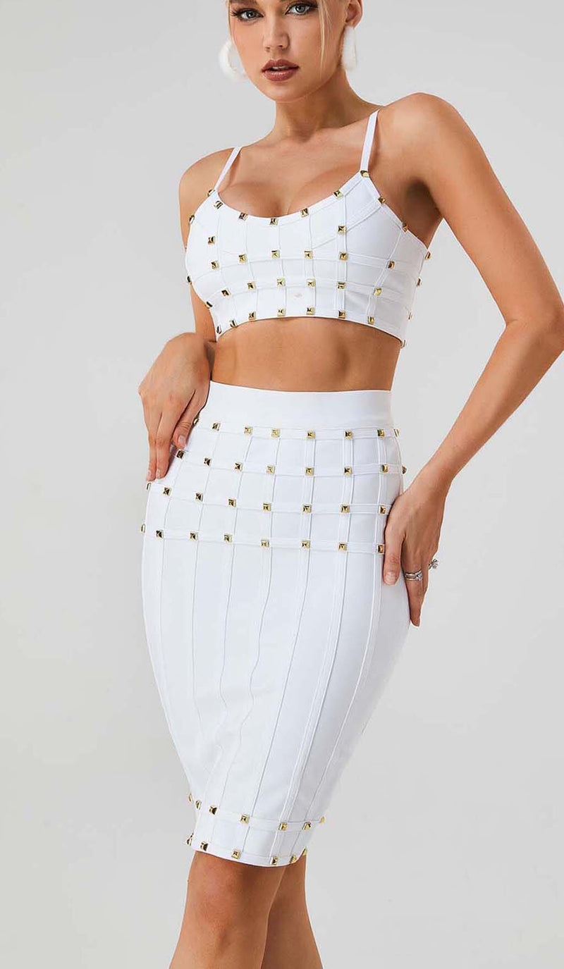 STUDDED STRAP SLEEVELESS TWO PIECE SET IN WHITE-Fashionslee
