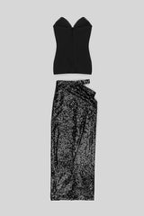 SHINY SEQUINS STRAPLESS TOP SPLIT SKIRTS-Fashionslee