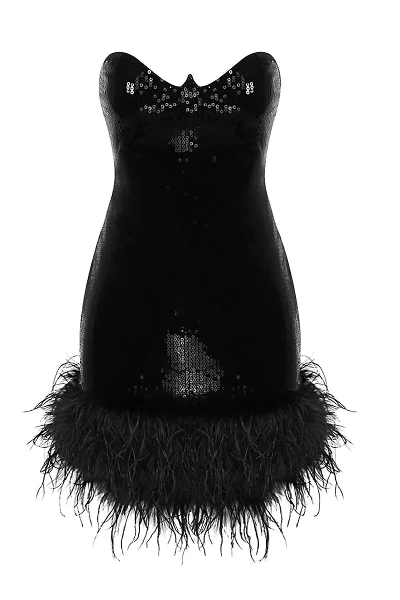 STRAPLESS FEATHER-TRIM MINI DRESS IN BLACK-Fashionslee