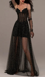 STRAPPY DRAPED RHINESTONE TULLE CORSET MAXI DRESS IN BLACK-Fashionslee