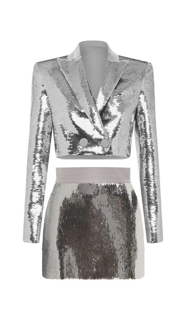 SEQUIN SHORT TWO PIECES SUIT IN SLIVER-Fashionslee
