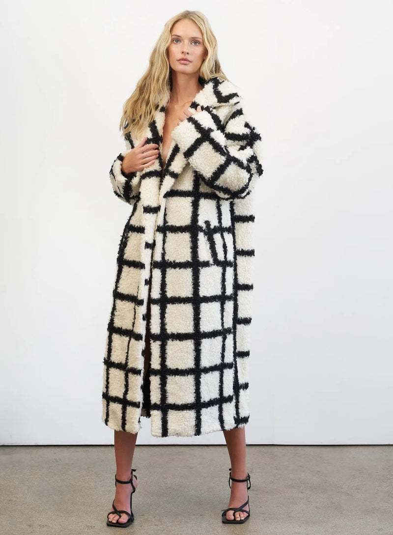 Nina Faux Fur Check Coat Cream And Black-Fashionslee