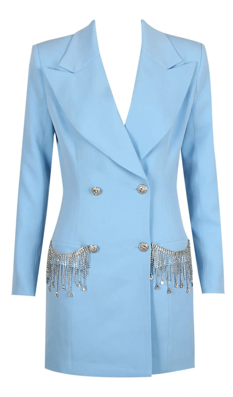 V-NECK BOTTOM JACKET DRESS IN BLUE-Fashionslee