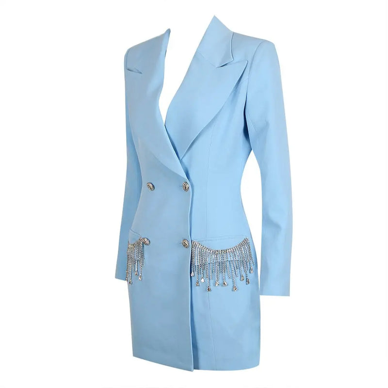 V-NECK BOTTOM JACKET DRESS IN BLUE-Fashionslee
