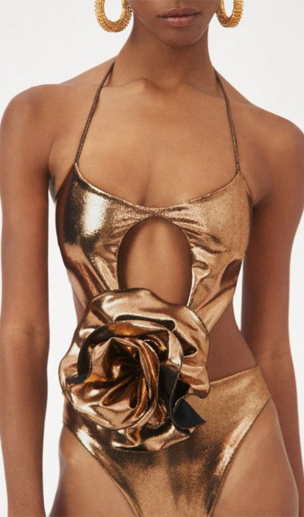 HALTER CUTOUT FLOWER SWIMSUIT IN GOLD-Fashionslee