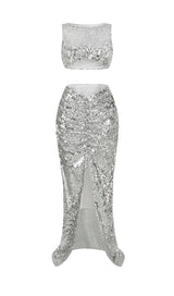 SEQUIN SLIT TWO-PIECE SUIT IN METALLIC SILVER-Fashionslee