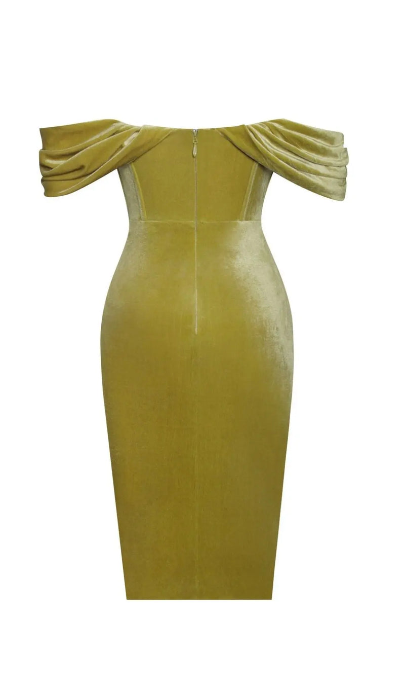 VELVET OFF SHOULDER CORSET DRESS IN GOLD-Fashionslee