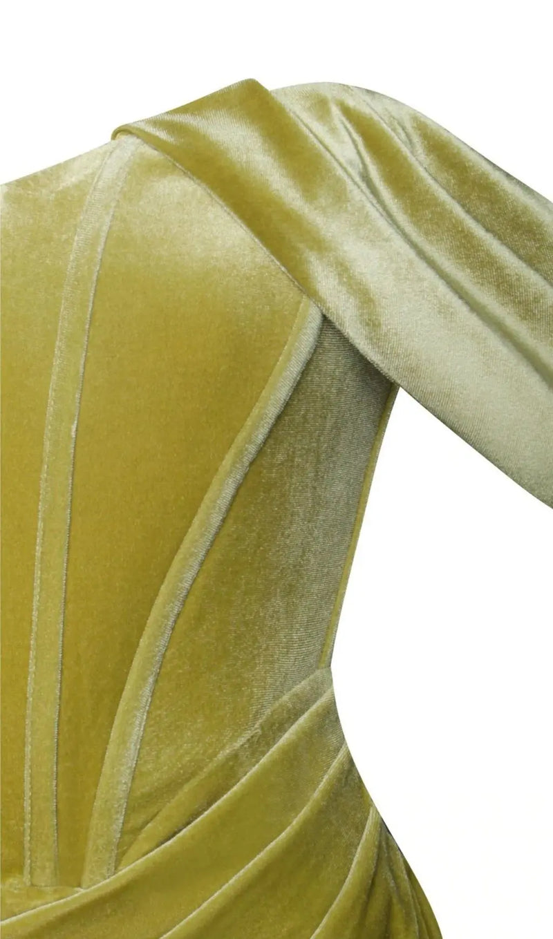 VELVET OFF SHOULDER CORSET DRESS IN GOLD-Fashionslee