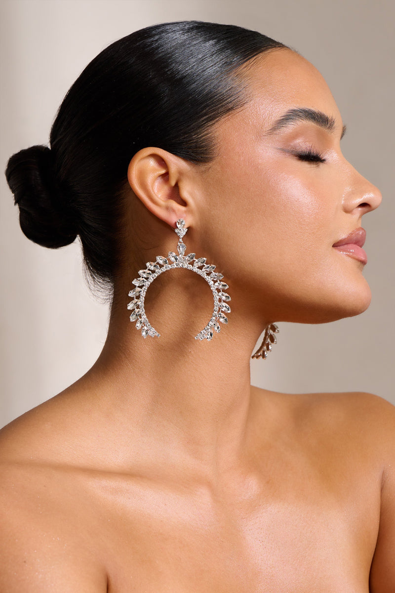 SILVER CRYSTAL ARCHED SHAPE DROP EARRINGS-Fashionslee