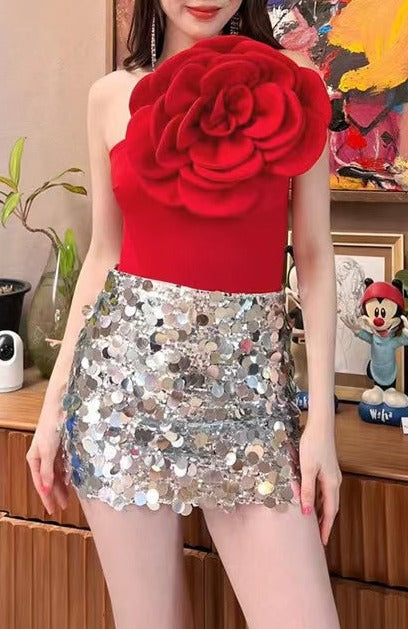 EXAGGERATED 3D FLOWER BODYSUIT IN RED-Fashionslee