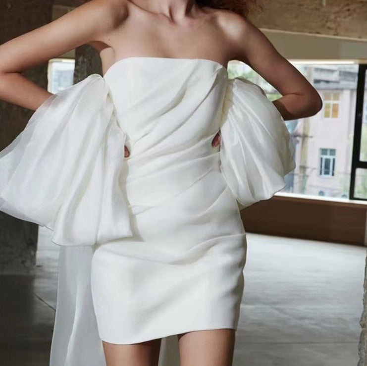 WHITE PUFF SLEEVE STRAPLESS MINI DRESS-Fashionslee