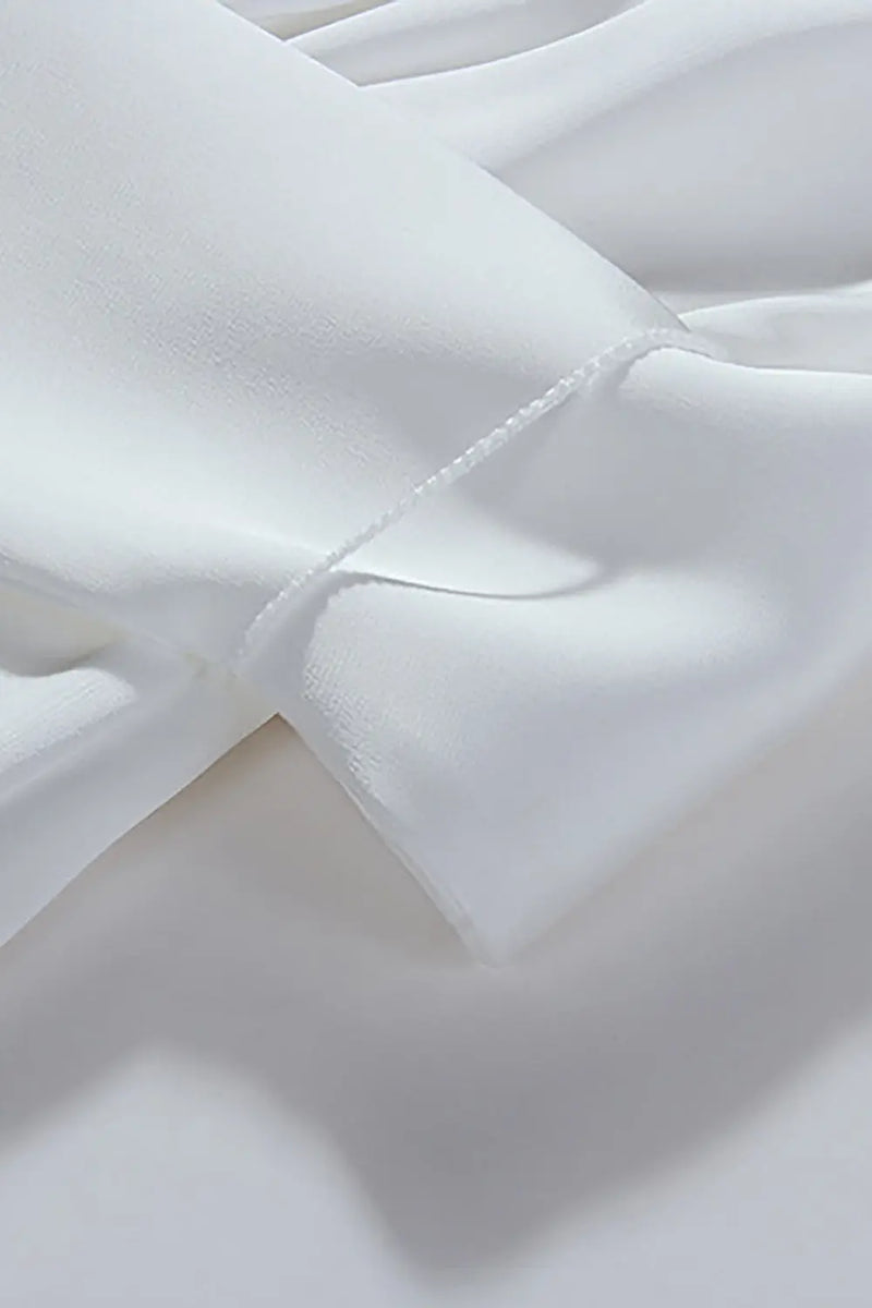 White Deep V Lantern Long Sleeve A-Line Dress-Fashionslee
