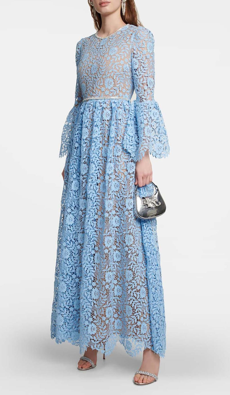 LONG SLEEVE ROSE LACE MAXI DRESS IN BLUE-Fashionslee
