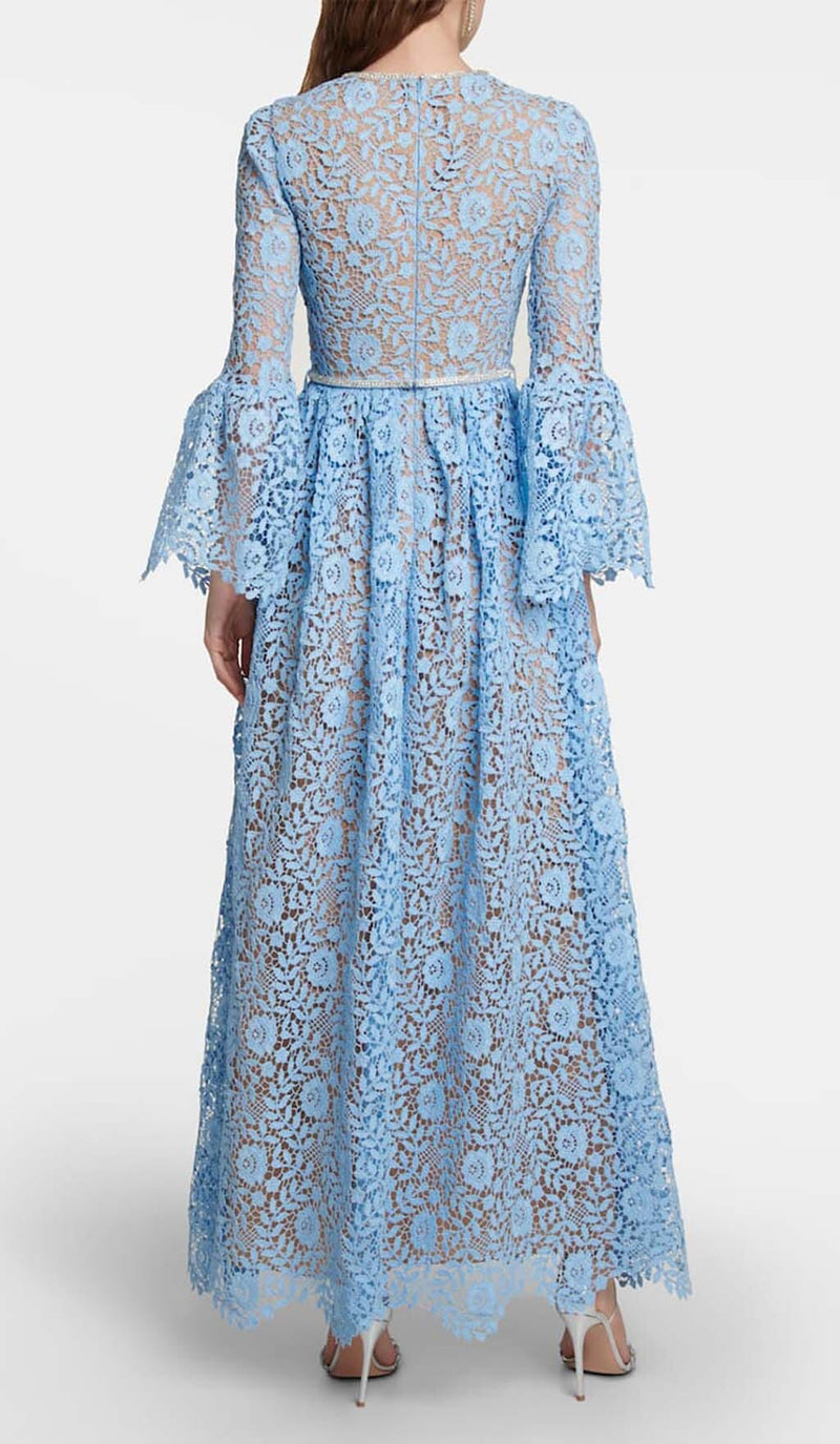LONG SLEEVE ROSE LACE MAXI DRESS IN BLUE-Fashionslee