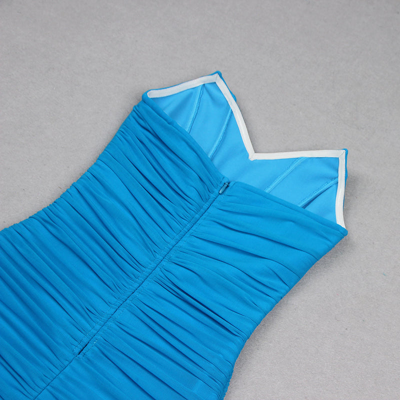 BLUE RUCHED STRAPLESS MIDI DRESS-Fashionslee