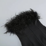 STRAPLESS FEATHER MINI DRESS IN BLACK-Fashionslee
