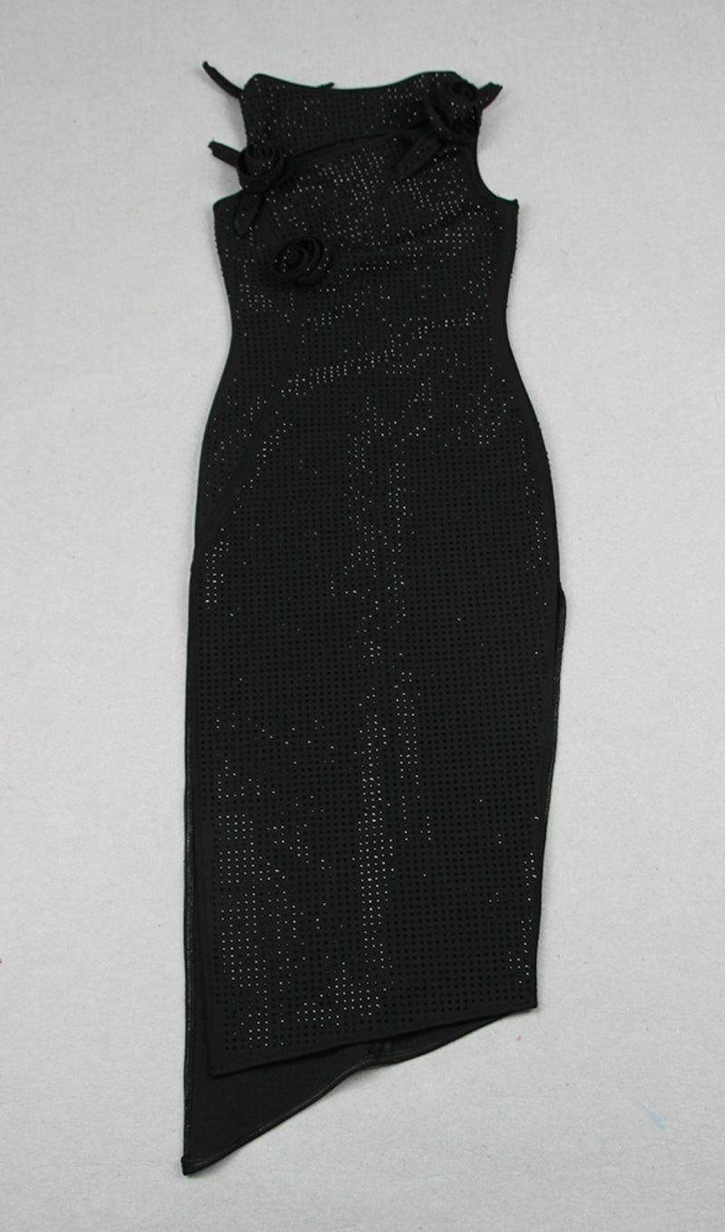 BLACK FLOWER EMBELLISHED SPARKLY MIDI DRESS-Fashionslee