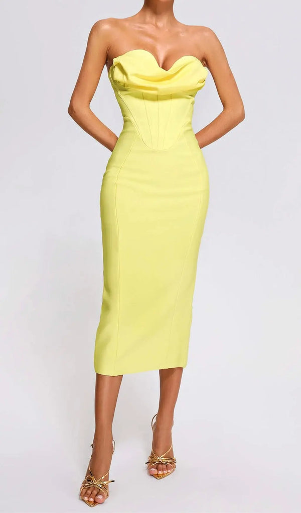 Yellow Strapless Bandage Midi Dress-Fashionslee