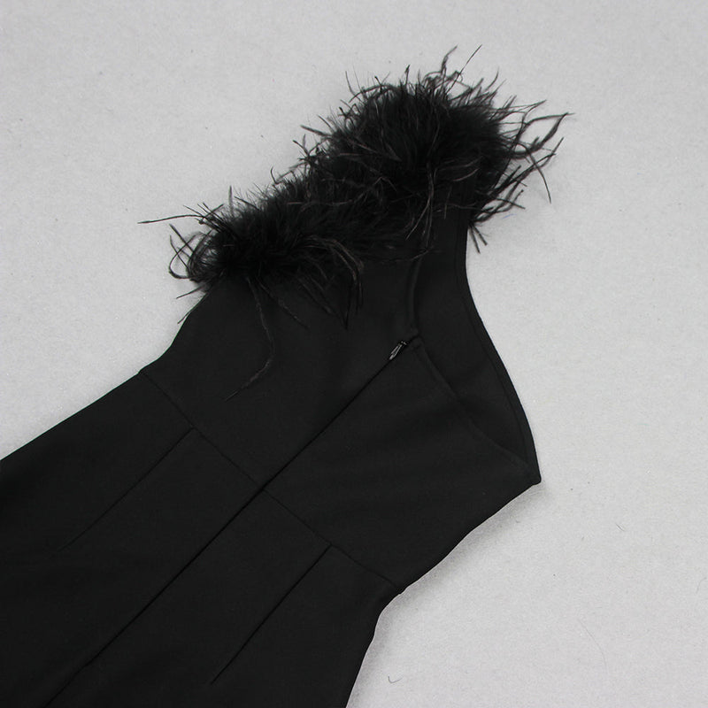 BLACK ONE-SHOULDER FEATHER MAXI DRESS-Fashionslee