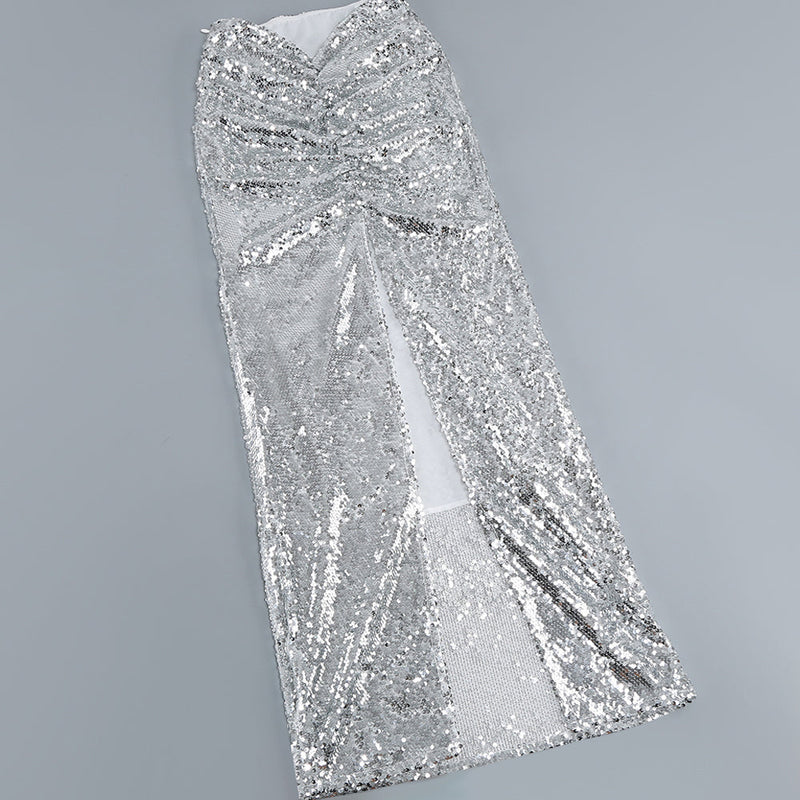 SEQUIN SLIT TWO-PIECE SUIT IN METALLIC SILVER-Fashionslee