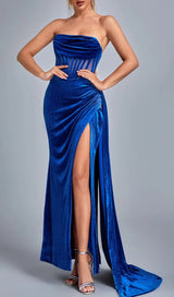 BLUE CORSET VELVET SLIT MAXI DRESS-Fashionslee