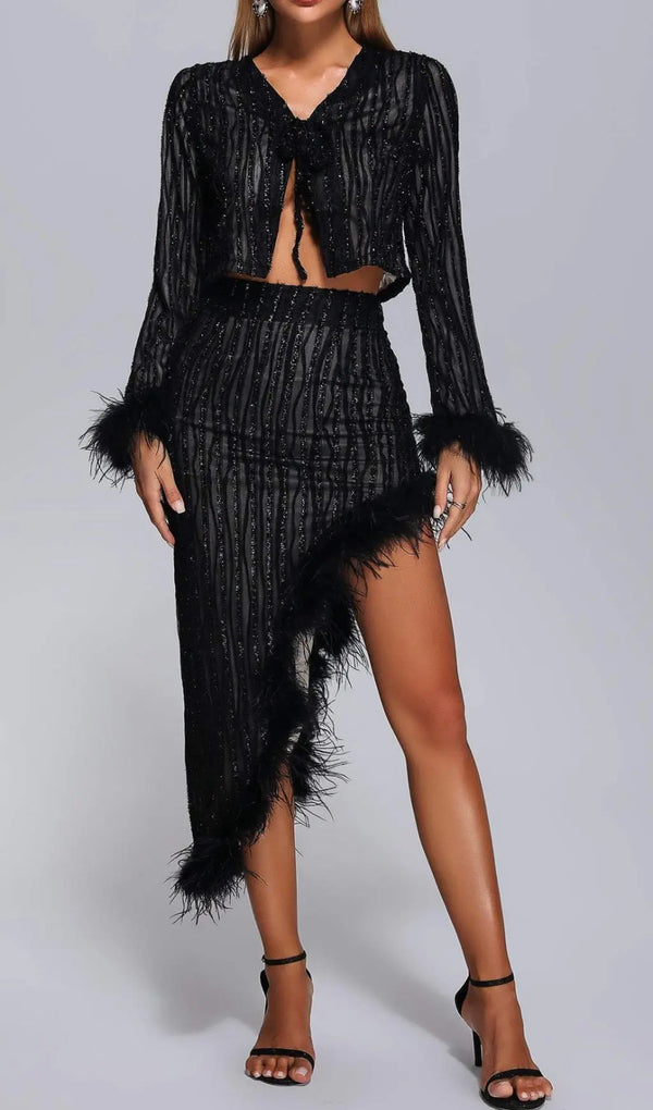 BLACK FEATHER TWO PIECES SUIT-Fashionslee