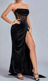 BLACK CORSET VELVET SLIT MAXI DRESS-Fashionslee