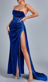 BLUE CORSET VELVET SLIT MAXI DRESS-Fashionslee
