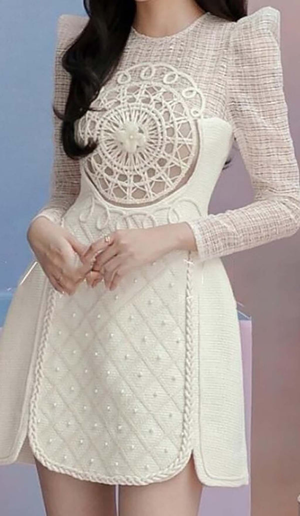LONG-SLEEVE EMBROIDERED LACE MINI DRESS IN BEIGE-Fashionslee