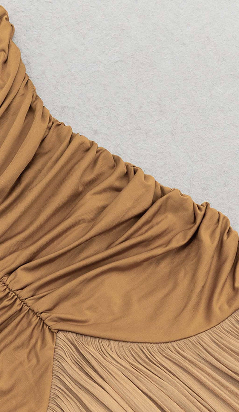 PLEATED STRAPPY MIDI DRESS IN BROWN-Fashionslee