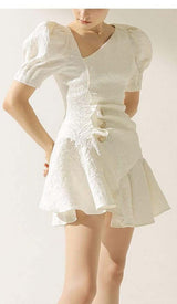 PUFFY SLEEVE BUTTON MINI DRESS IN WHITE-Fashionslee