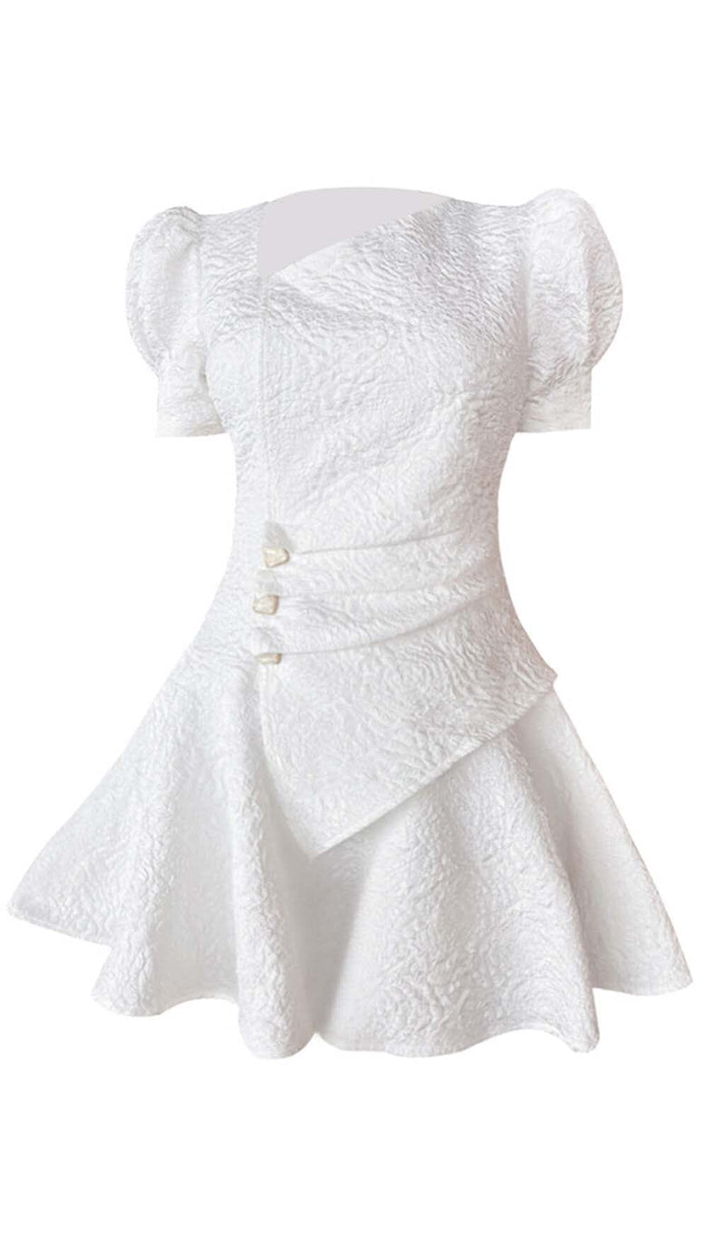 PUFFY SLEEVE BUTTON MINI DRESS IN WHITE-Fashionslee