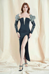 BLACK OFF SHOULDER MAXI BANDAGE DRESS-Fashionslee