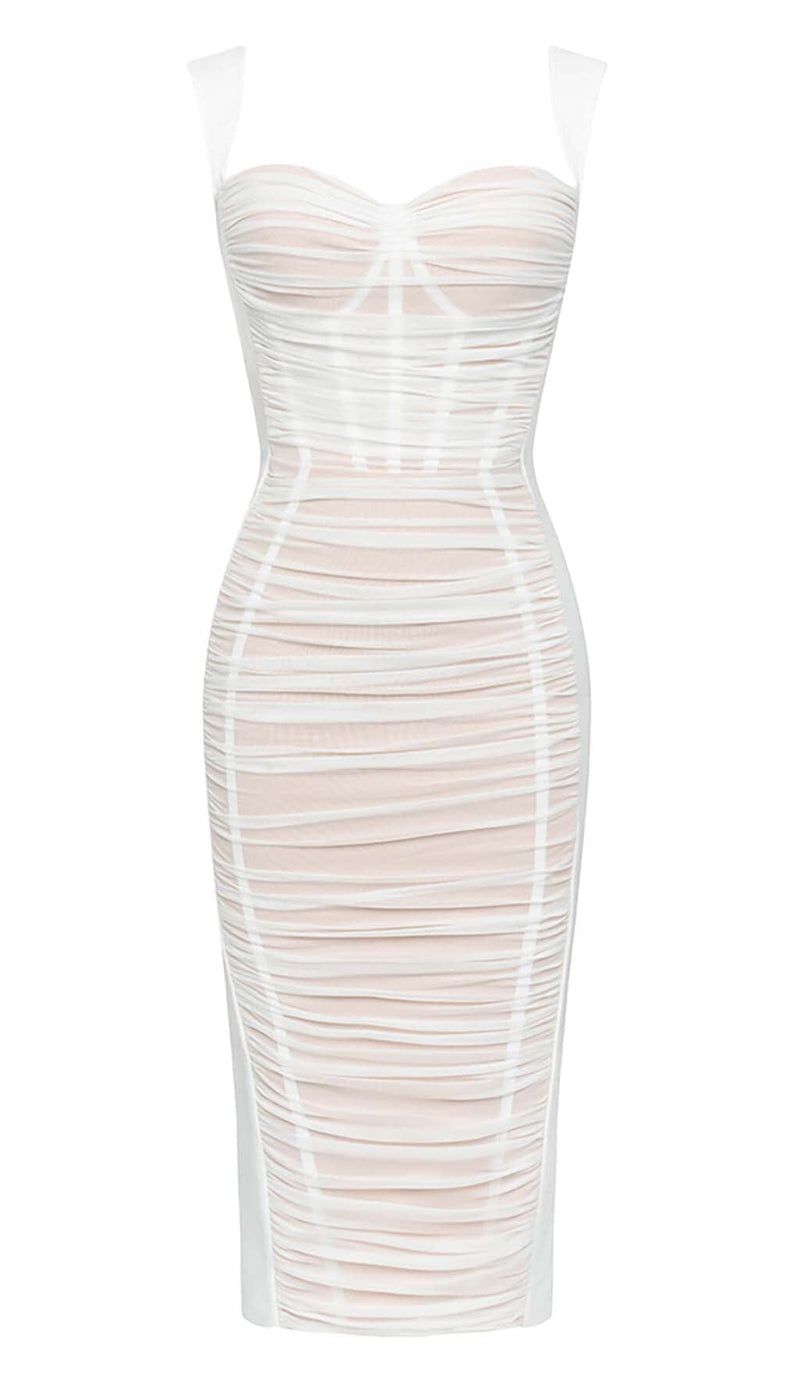 RUCHED BUSTIER MESH MIDI DRESS IN WHITE-Fashionslee